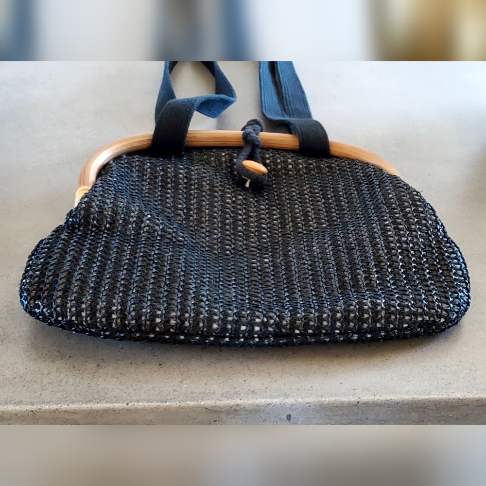 Vintage 1950's Black Woven Rafia Overlay Bamboo Frame Shoulder Bag, EUC - Picture 7 of 15